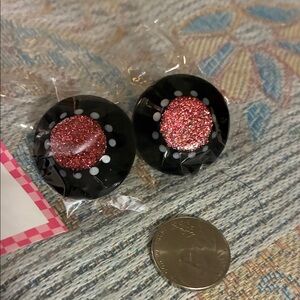 Vintage Black and Pink Glitter Button Earrings